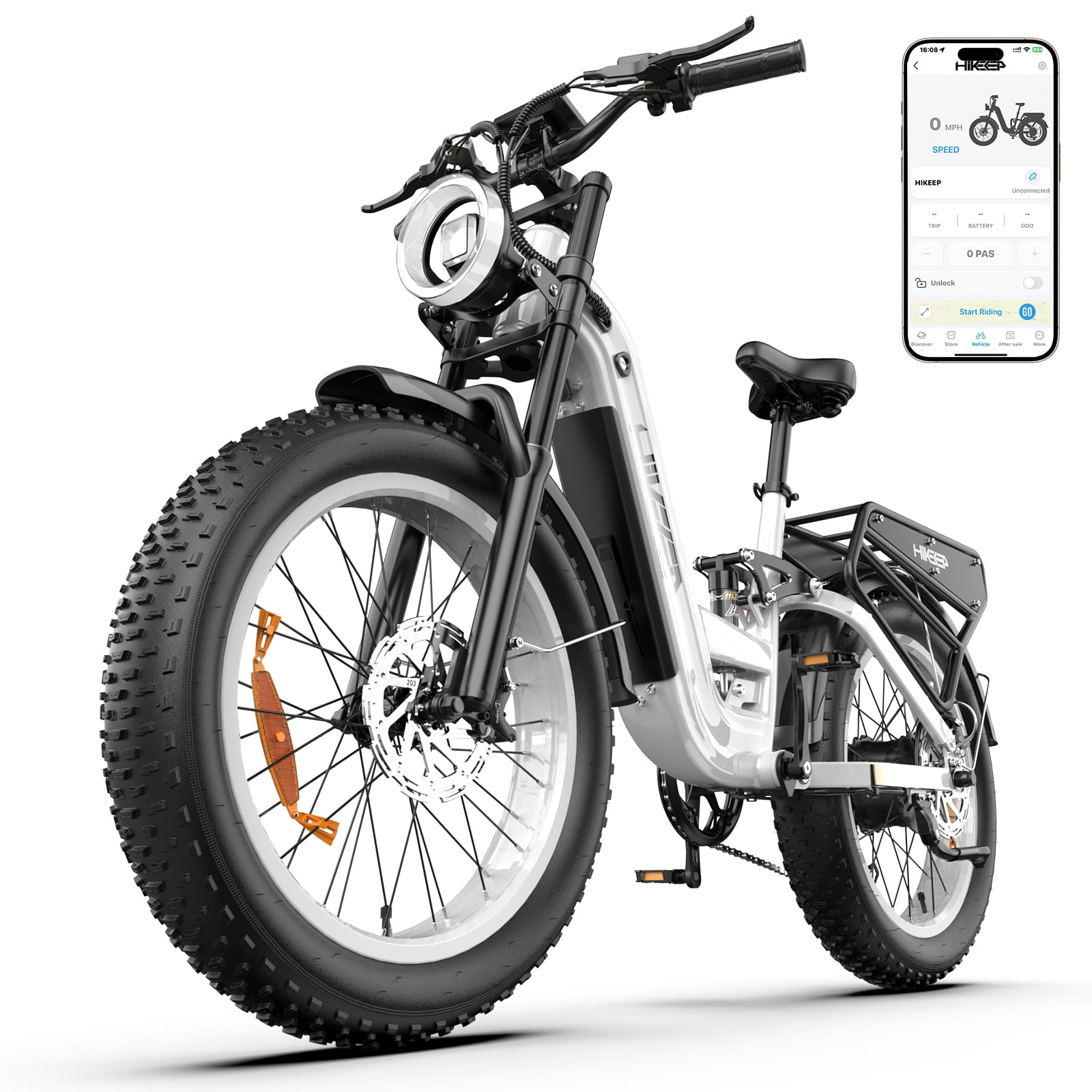 HiKeep Electric Bike for Adults, 2000W 4000W Peak Motor, 48V 25Ah Removable Lithium Battery, 26x4 Fat Tire E-Bike, 7-Speed Shimano, Full Suspension, Rear Rack, UL 2849, White