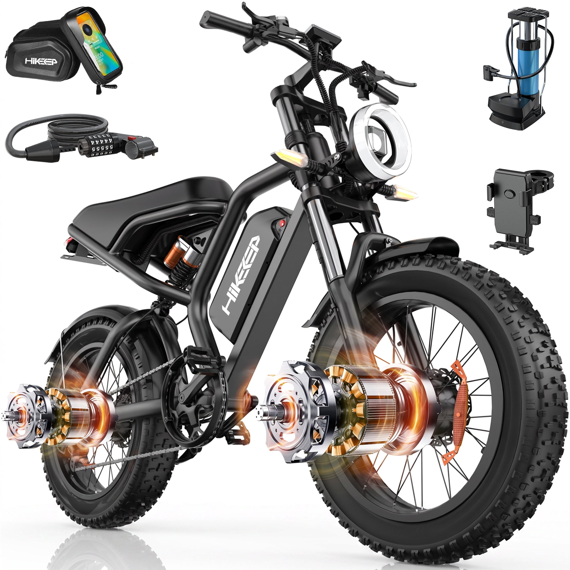 HiKeep Class 3 Dual Motor Electric Bike for Adults, 28 MPH Fat Tire E-Bike, 750W x 2 Motors, 48V 25Ah Battery, 20 x 4" Full Suspension, Shimano 7-Speed, UL2849
