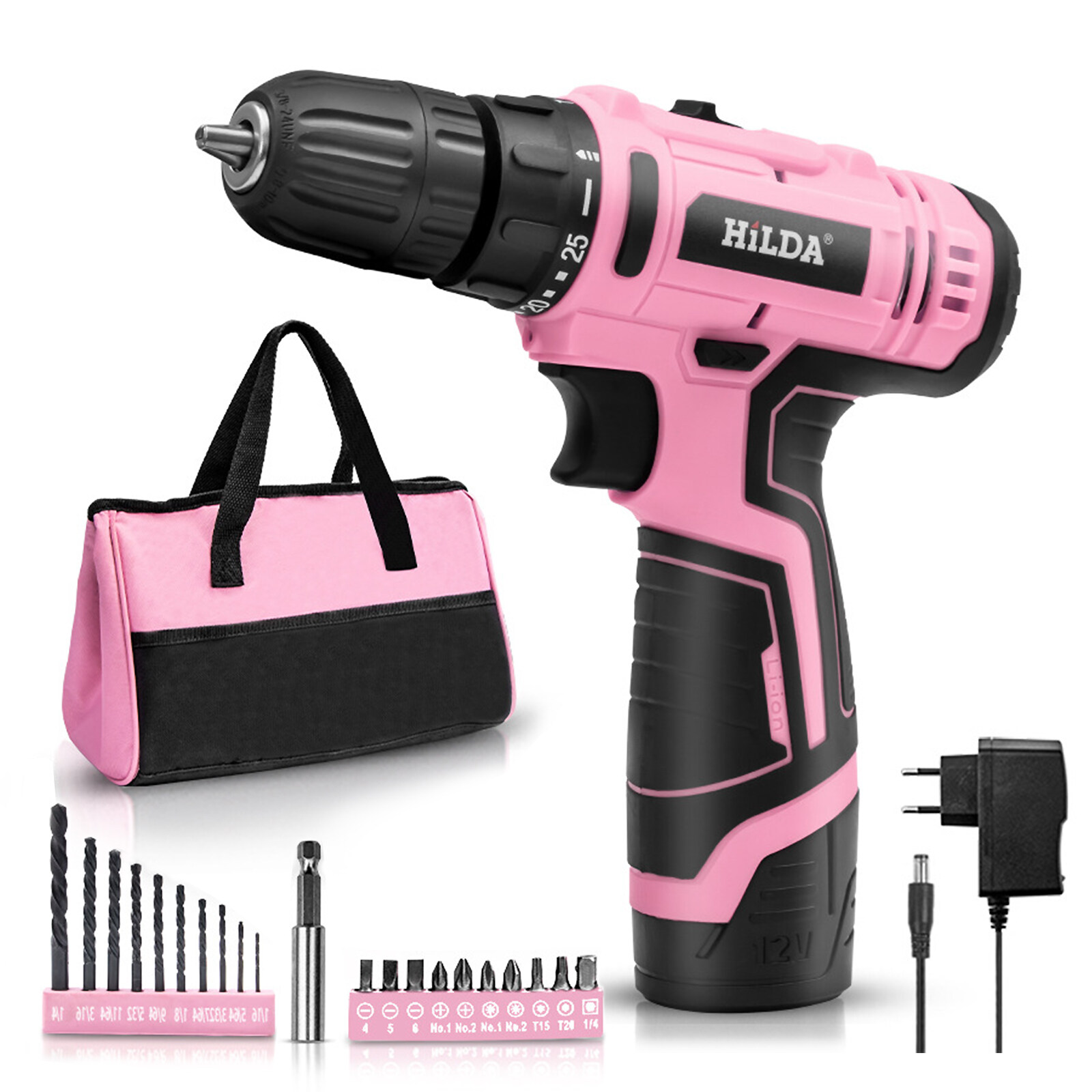 HiLDA 12V Cordless Drill with 21 Pcs Drill Set, 1300mAh Lithium-Ion  Cordless Electric Screwdriver 3/8 with Storage Bag and LED Light, 2  Variable Speed Rechargable Electric Drill Combo Set, Pink 