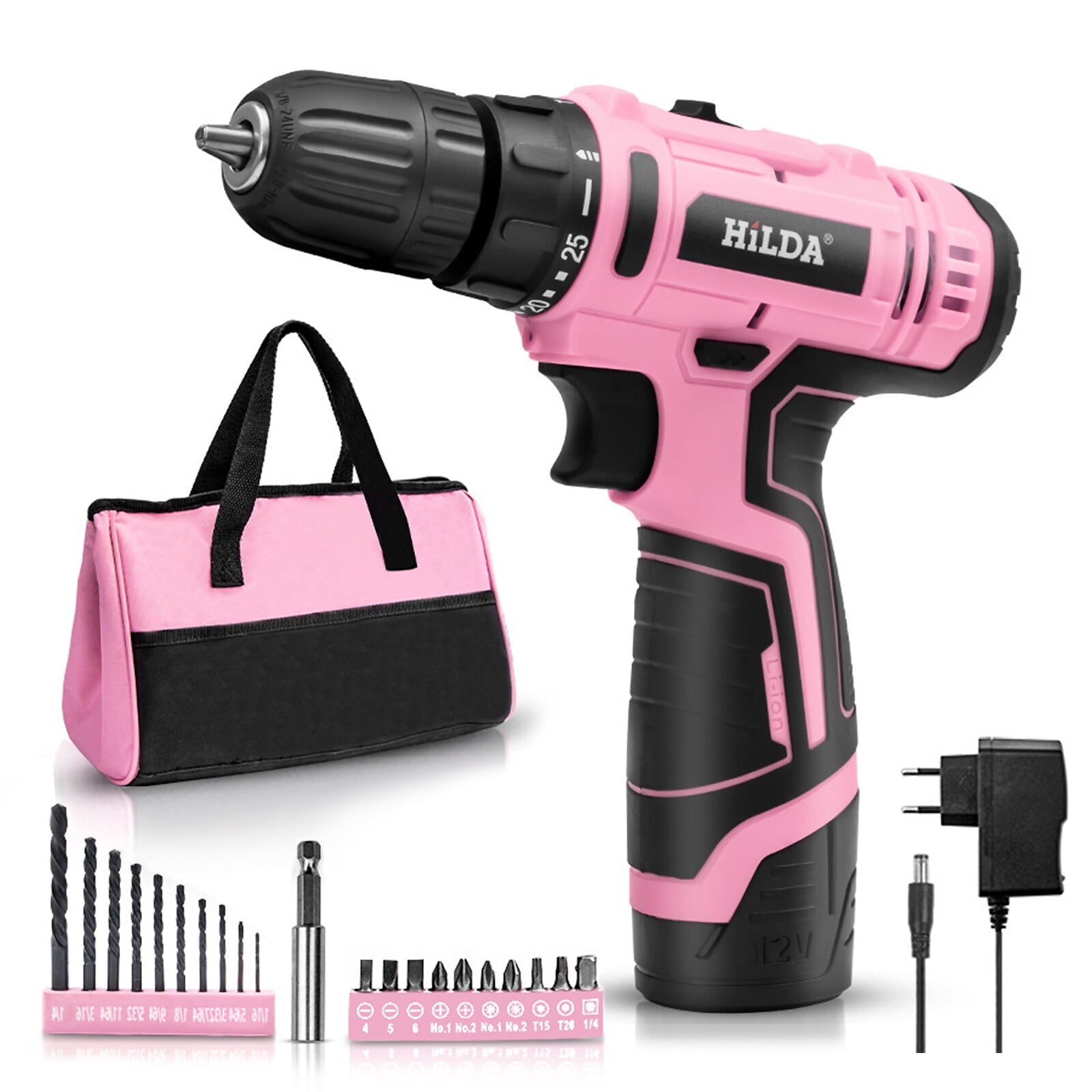 HiLDA 12V Lightweight Powerful Cordless Drill Rechargeable Handheld Electric with 21 Pcs Drill Set LED Light Pink Walmart