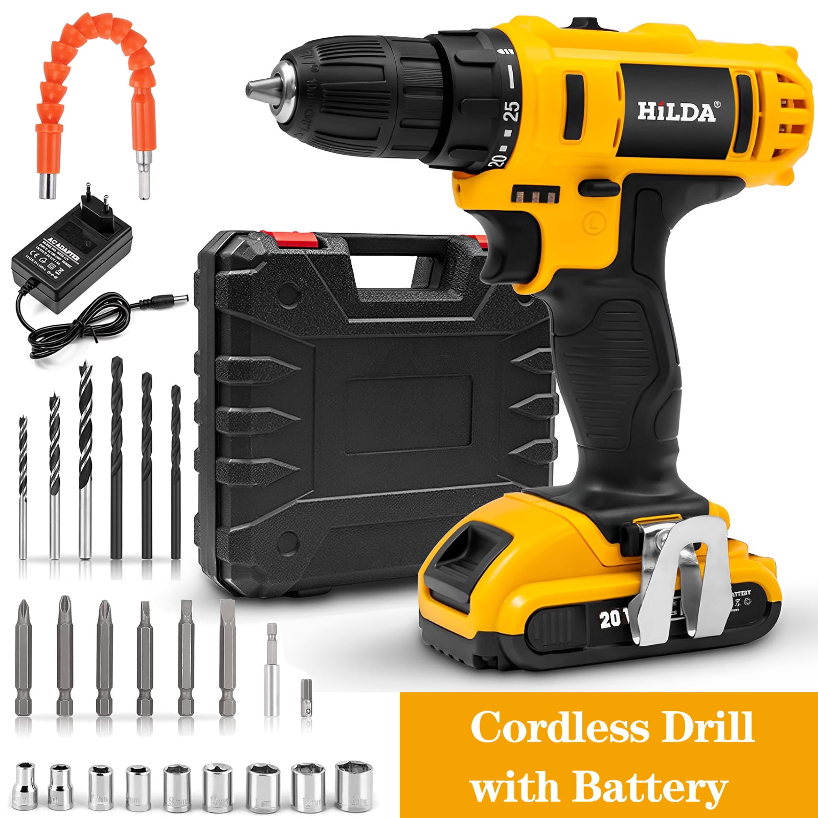 HiLDA Cordless Drill 20V Impact Drill Driver 3/8'' Electric Power Drill Set  - Variable Speed Trigger, 1500mAh Lithium-Ion Battery