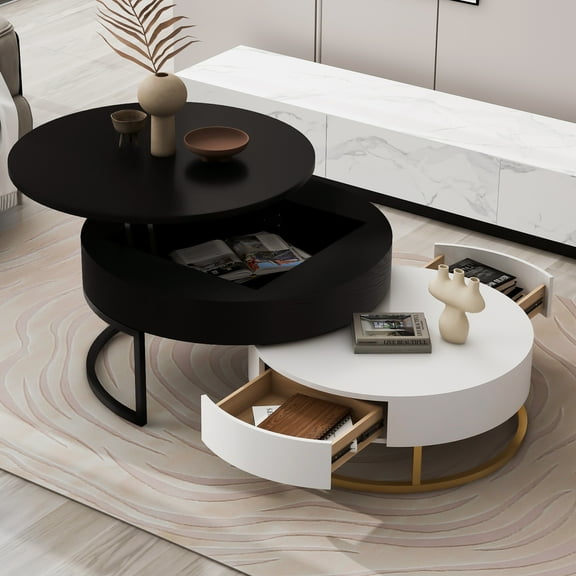 HiMiss Modern Round Nesting Coffee Tables Lift-top Flexibility Adjustable Table with 2 Drawers Large Storage Furniture