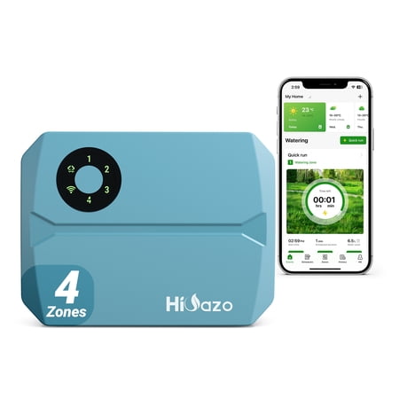 HiOazo WiFi Irrigation Controller, 4 Zones Smart Sprinkler Controller with Smart Weather Skips, Water Calculation, Water Hammer Protection, Manual Watering, for Lawn, Garden, Courtyard