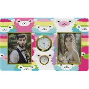 HiPhotoArt Alpaca Family Portrait Tempered Glass Family Couple Photo Picture Frame with Clock and Thermometer for Wall Hanging and Tabletop Display