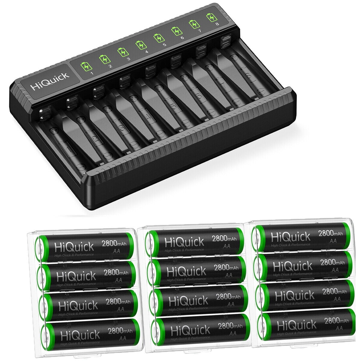 HiQuick (12 Pack) 2800mAh PreCharged AA Rechargeable Batteries With 8Bay Fast Charging AA AAA