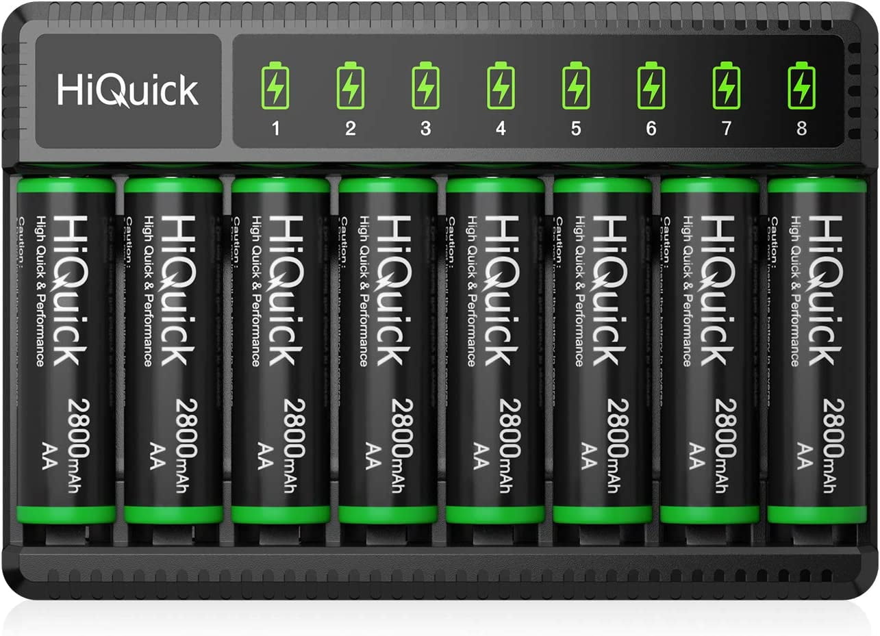 HiQuick 2800mAh AA Rechargeable Batteries (8 Pack) and 8-Bay Fast Charging AA AAA Battery Charger for NIMH NiCd Rechargeable Batteries