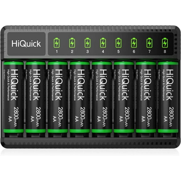 HiQuick 2800mAh AA Rechargeable Batteries (8 Pack) and 8-Bay Fast Charging AA AAA Battery Charger for NIMH NiCd Rechargeable Batteries