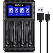 HiQuick 4-Bay AA/AAA Battery Charger with USB Input - Fast Charging for 1.2V NiMH/NiCD Rechargeable Batteries, Featuring Independent Charging Slots and Smart LCD Display Includes USB Cable