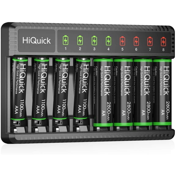 HiQuick 8 Bay Smart Battery Charger with AA & AAA Rechargeable Batteries-Battery Charger and AA 2800mAh Batteries 4 Pack & AAA 1100mAh Batteries 4 Pack