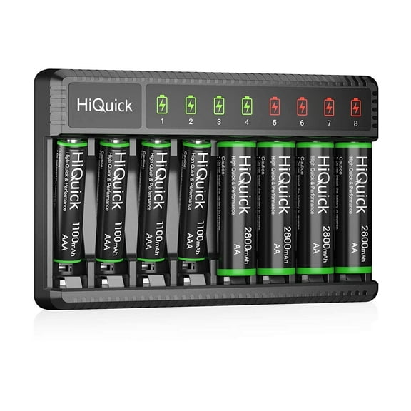 HiQuick 8-Bay Smart Battery Charger with AA & AAA Rechargeable Batteries - Rapid Charging for Home Use, Includes 4-Pack of 2800mAh and 1100mAh Batteries