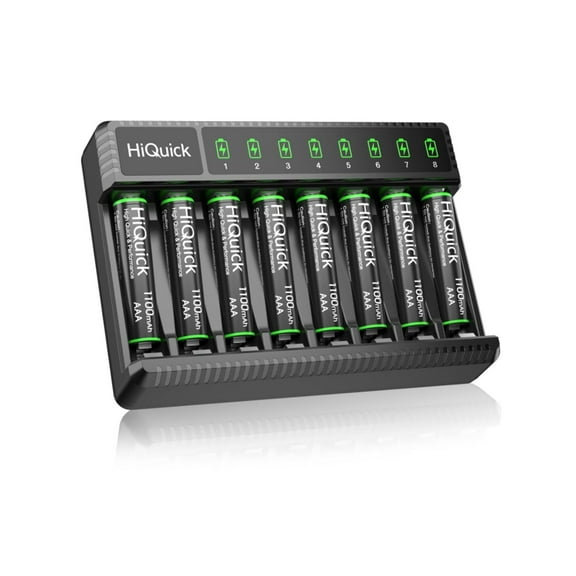 HiQuick 8 Pack 1100mAh AAA Rechargeable Batteries and 8-Bay Fast Charging AAA Battery Charger for AA/AAA Ni-MH/NiCD Rechargeable Batteries