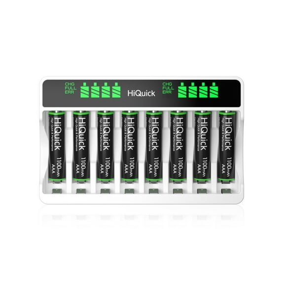 HiQuick 8 Pack AAA 1100mAh Rechargeable Batteries with 8 Bay LCD Smart Battery Charger, Dual USB Input