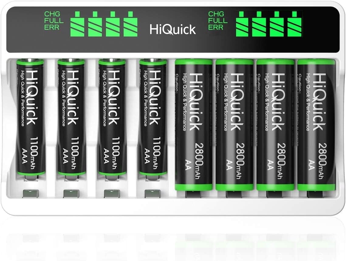 HiQuick 8-Pack Rechargeable Batteries with Charger: 8x AA 2800mAh + 4x AAA 1100mAh Ni-MH & 8-Bay Fast Charger for AA/AAA