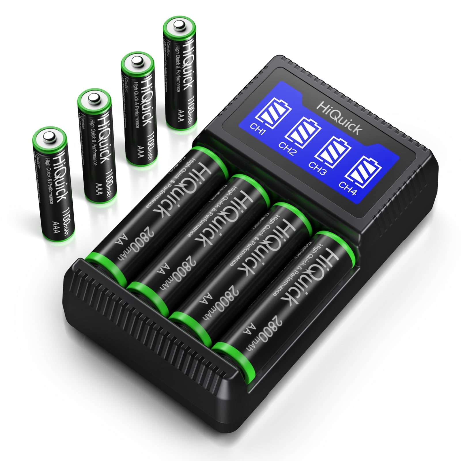 HiQuick Rechargeable AA AAA Batteries with Charger, High Capacity Low Self Discharge 2800mAh AA Batteries 4 Pack & 1100mAh AAA Batteries 4 Pack with 5V 2A USB Fast Charging AA AAA Battery Charger