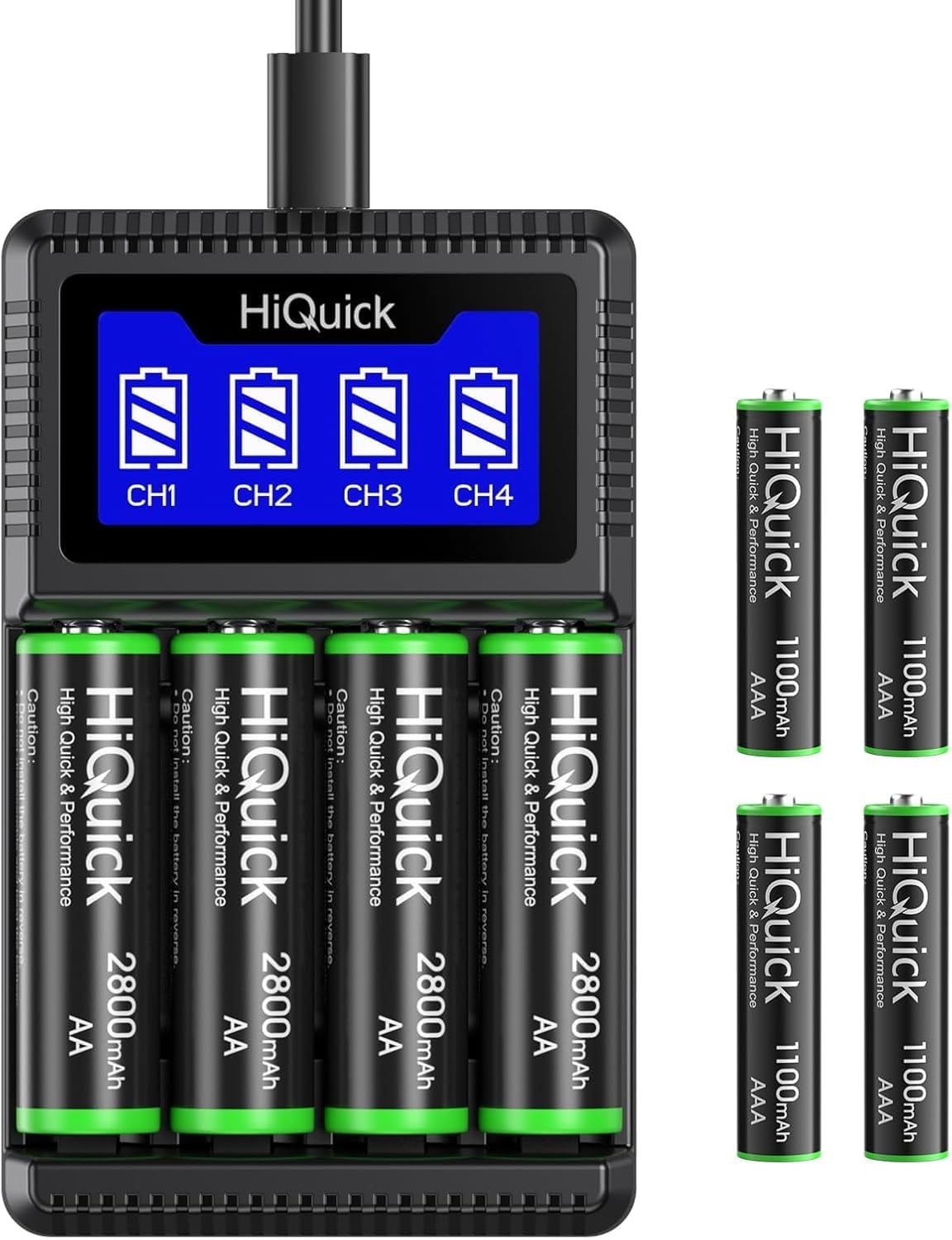 HiQuick Rechargeable AA & AAA Battery Bundle: Includes 4-Pack 2800mAh AA Batteries and 4-Pack 1100mAh AAA Batteries with 5V 2A USB Fast Charger. High Capacity and Low Self-Discharge