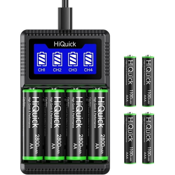 HiQuick Rechargeable AA & AAA Battery Bundle: Includes 4-Pack 2800mAh AA Batteries and 4-Pack 1100mAh AAA Batteries with 5V 2A USB Fast Charger. High Capacity and Low Self-Discharge