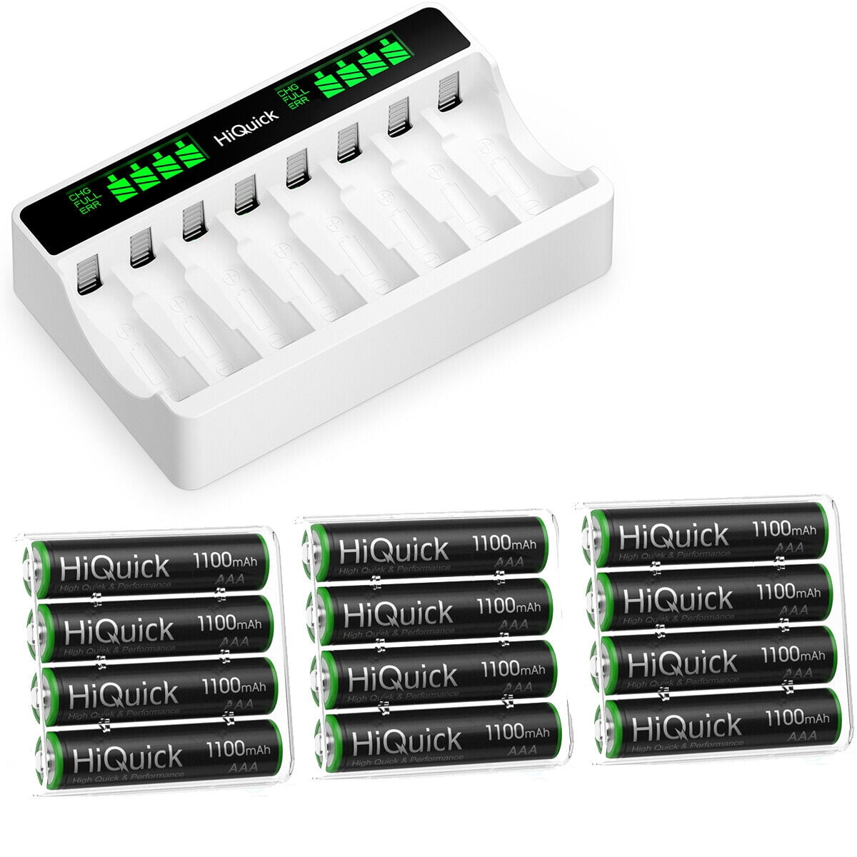 HiQuick Rechargeable AAA Batteries 1100mAh 1.2V NiMH 12Counts with 8 Bay AA AAA Battery Charger