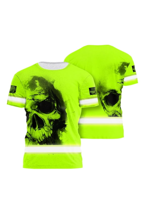 Hi Vis Shirt For Men Reflective Green Neon Skull Safety Workwear for Workers, Runners, Cyclists, Truckers, Operators, Skull Lover-2XL