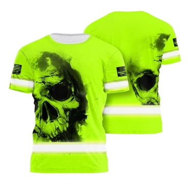 Unisex Hi-Vis Reflective Safety Shirt In Neon Green With Skull Graphic, Ideal For Outdoor Work - S