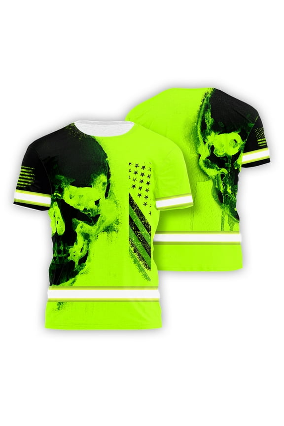 High Visibility Shirt For Men Hi Vis Shirt Reflective Tapes Skull Green USA Flag Hi Viz Shirt for Work & Construction Safety Workwear For Workers, Cyclists, Patriotic-L