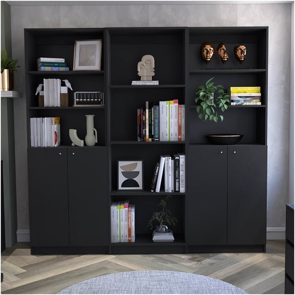 Hialeah 3-Piece Bookcase Set with Double-Door Cabinets & 10 Shelves, Black Finish for Living Room Storage