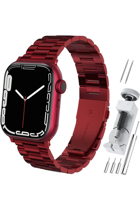 Band Strap Compatible with Apple Watch 41mm/40mm/38mm, Ultra Thin Solid Stainless Steel Metal Wristband with Durable Folding Clasp Replacement for iWatch 7/SE/6/5/4/3/2/1, 5.3"-7.7"-Red