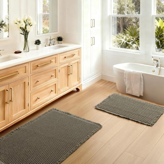 Hiasan 2 Pack Waffle Bath Floor Mats Non Slip Super Absorbent Quick Dry Machine Washable Boho Decor Bath Rugs for Family Shower Bathroom, 16"x24"+20"x32", Olive Green
