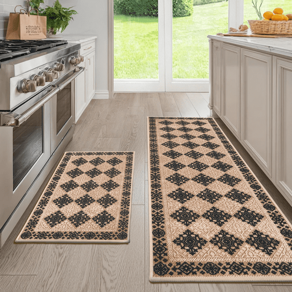 Hiasan 2 Piece Anti Fatigue Kitchen Rugs, Waterproof Comfort Mats for Standing Long Hours, Fit Kitchen, Office, Busy Households, 17"x30"+17"x59", Black Checkerboard