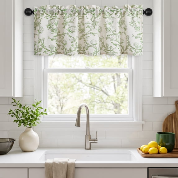 Hiasan 42 x 18 Inch Kitchen Valance Curtain, Linen Leaf and Branch Pattern Valance for Bedroom Living Room, Rod Pocket Farmhouse Light Filtering Window Valance Curtain, Green on Protea Line, 1 Panel
