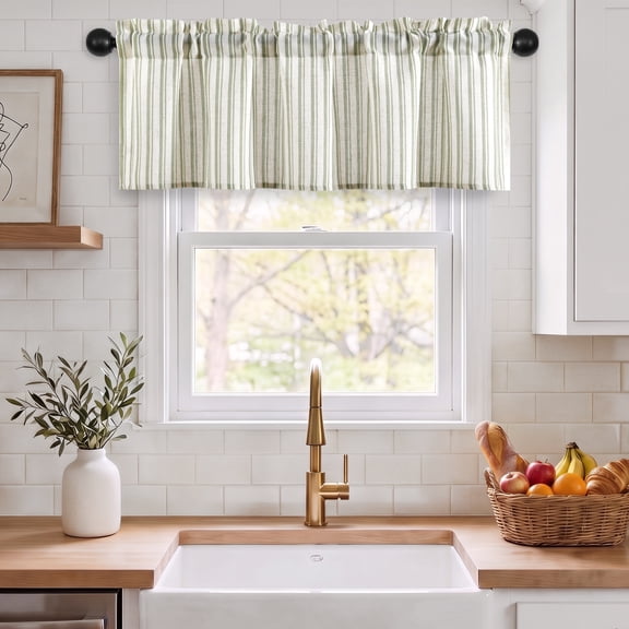 Hiasan 52 x 14 Inch Kitchen Valance, Linen Striped Valance for Kitchen Bedroom, Rod Pocket French Cottage Farmhouse Light Filtering Window Valance Curtain, Vertical Striped Green, 1 Panel