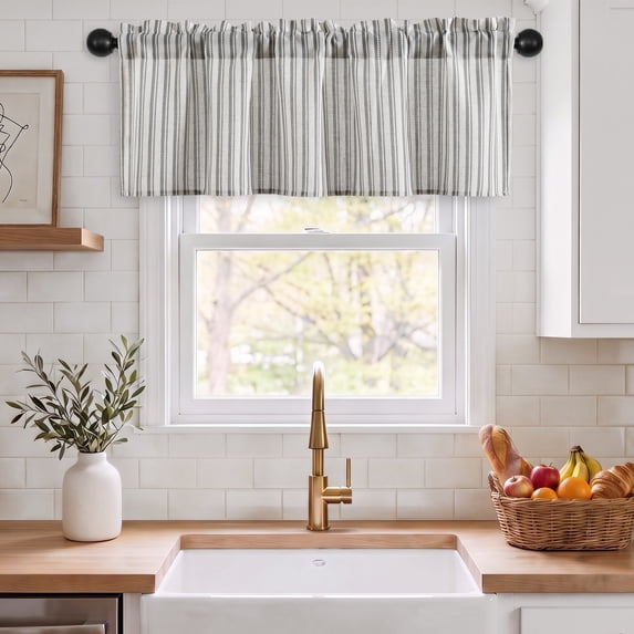 Hiasan 52 x 18 Inch Kitchen Valance, Linen Striped Valance for Kitchen Bedroom, Rod Pocket French Cottage Farmhouse Light Filtering Window Valance Curtain, Vertical Striped Blue, 1 Panel