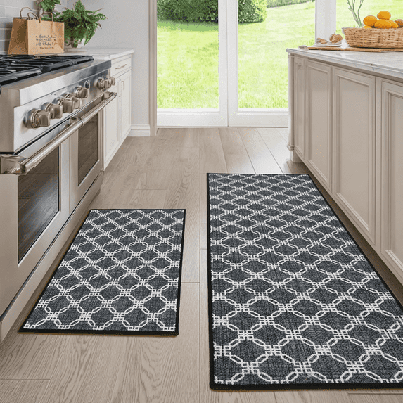 Hiasan Anti Fatigue Kitchen Floor Mats 2 Piece, Non Slip and Water Absorbent Comfort Mats for Standing, Geometric Pattern for Front of Sink Kitchen Island Hallway, 17"x30" + 17"x47"