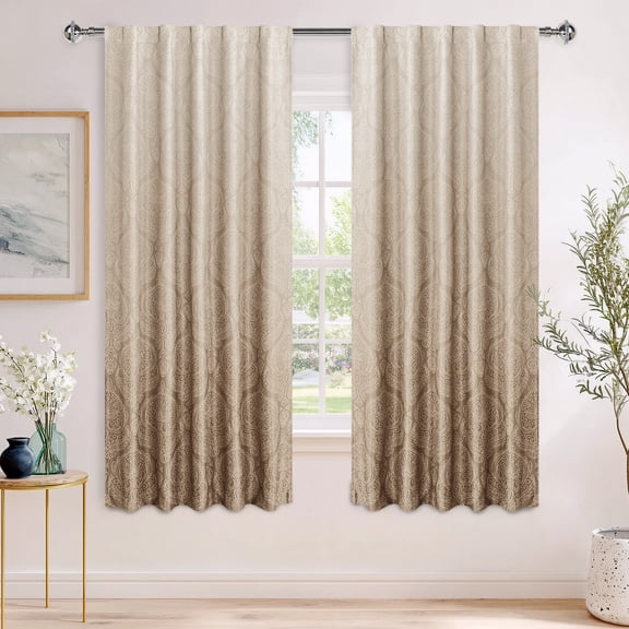 Hiasan Back Tab Ombre Blackout Curtains for Bedroom - 63 inches Length Damask Design Thermal Insulted Tieable Window Drapes Light Blocking Curtains for Small Window, 2 Panels, W42 x L63, Taupe