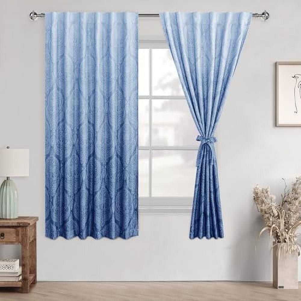 Hiasan Back Tab Ombre Blackout Curtains for Bedroom - 63 inches Long Damask Design Thermal Insulted Tieable Window Drapes Light Blackout Curtains for Dining Room, 2 Panels, W52 x L 63, Navy Blue
