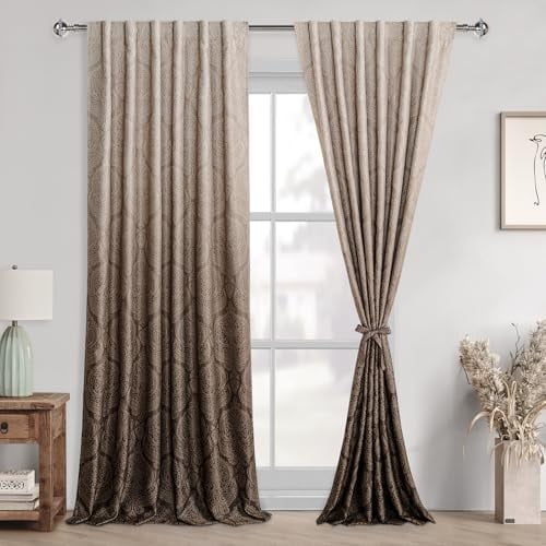 Hiasan Back Tab Ombre Blackout Curtains for Bedroom - 96 inches Length Elegant Damask Design Tieable Window Drapes Thermal Insulted Light Blocking Curtains for Living Room, 2 Panels, W52 x L96, Brown