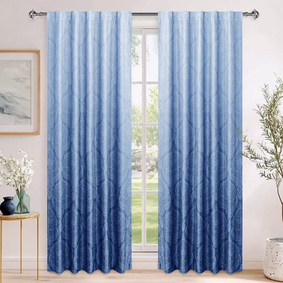 Hiasan Back Tab Ombre Blackout Curtains for Bedroom - Damask Design 84 inches Long Thermal Insulted Tieable Window Drapes Light Blocking Curtains for Living Room, 2 Panels, W42 x L84, Navy Blue