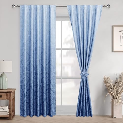 Hiasan Back Tab Ombre Blackout Curtains for Bedroom - Damask Design 84 inches Long Thermal Insulted Tieable Window Drapes Light Blocking Curtains for Living Room, 2 Panels, W42 x L84, Navy Blue