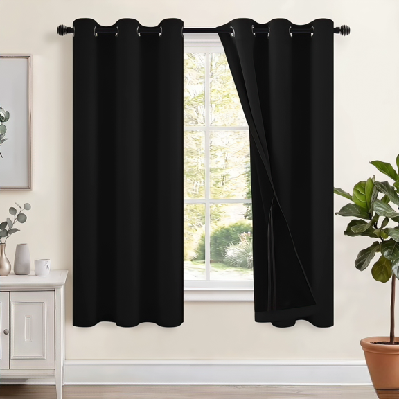 Hiasan 100% Blackout Curtains with Tiebacks, Room Darkening Privacy Grommet Top Window Curtains for Bedroom & Living Room, Black, 42"W x 63"L, Set of 2