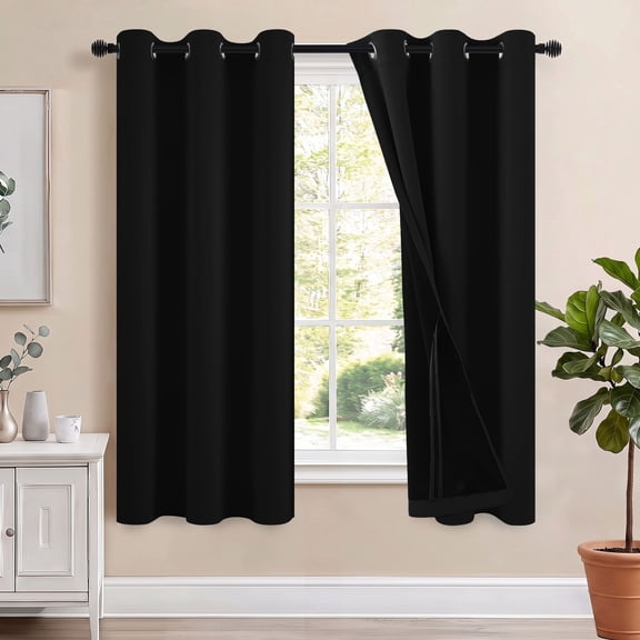 Hiasan 100% Blackout Curtains with Tiebacks, Room Darkening Privacy Grommet Top Window Curtains for Bedroom & Living Room, Black, 42"W x 63"L, Set of 2
