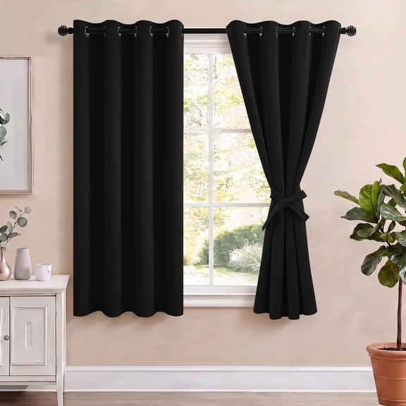 Hiasan 100% Blackout Curtains with Tiebacks, Room Darkening Privacy Grommet Top Window Curtains for Bedroom & Living Room, Black, 52"W x 45"L, Set of 2