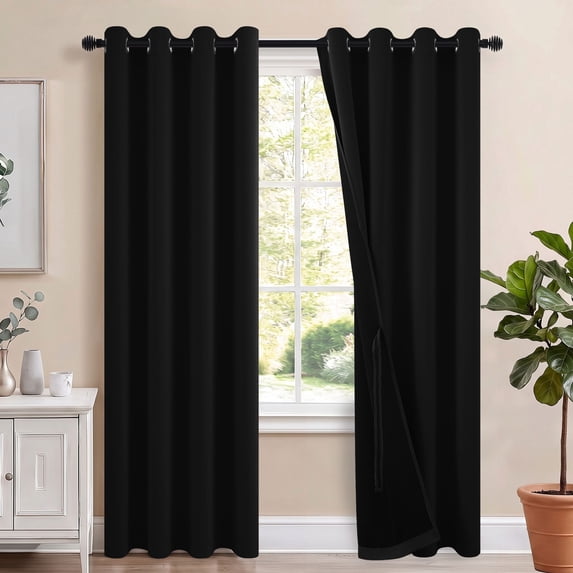 Hiasan 100% Blackout Curtains with Tiebacks, Room Darkening Privacy Grommet Top Window Curtains for Bedroom & Living Room, Black, 52"W x 84"L, Set of 2