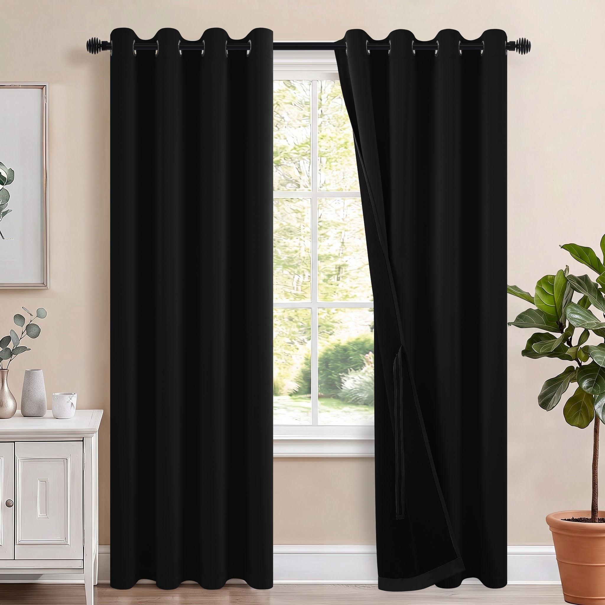 Hiasan 100% Blackout Curtains with Tiebacks, Room Darkening Privacy Grommet Top Window Curtains for Bedroom & Living Room, Black, 52"W x 84"L, Set of 2
