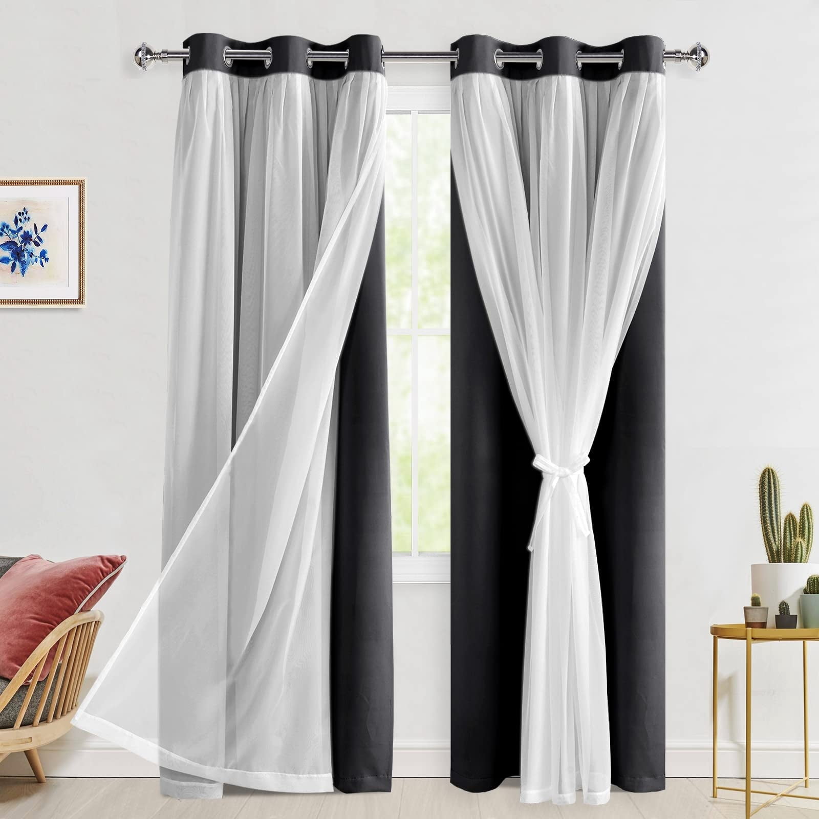 Hiasan Black Blackout Curtains with Sheer Overlay, Grommet Thermal Insulated Mix & Match Double Layer Window Curtains for Bedroom, Living Room, 2 Drape Panels Swen with Tiebacks, 42W X 84L