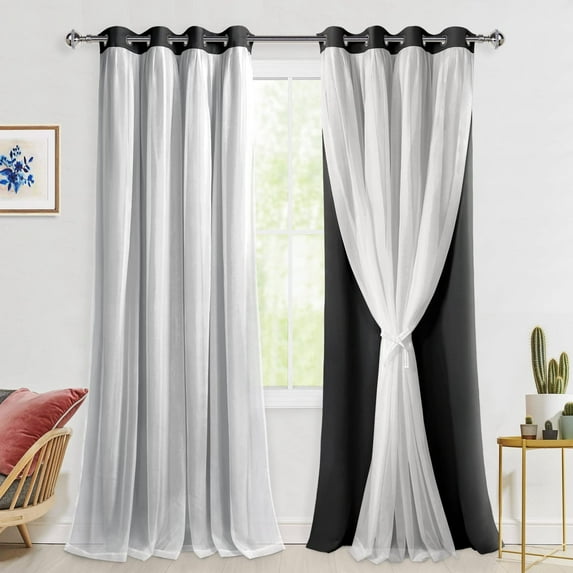 Hiasan Black Blackout Curtains with Sheer Overlay, Mix & Match Double Layer Thermal Insulated Room Darkening Curtains for Bedroom, Living Room, 2 Window Curtain Panels with Tiebacks, 52W X 108L
