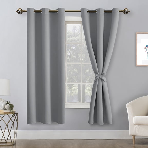 Hiasan Blackout Curtains for Bedroom, 42 x 63 Inches Length - Thermal Insulated & Light Blocking Window Curtains for Living Room, 2 Drape Panels Sewn with Tiebacks, Silver Grey