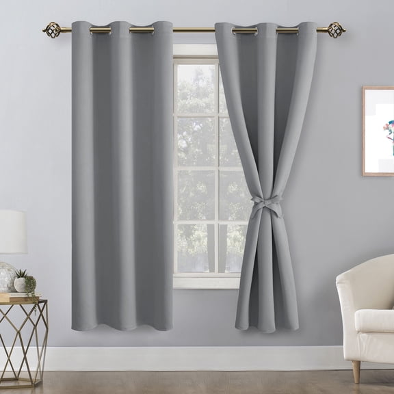 Hiasan Blackout Curtains for Bedroom, 42 x 63 Inches Length - Thermal Insulated & Light Blocking Window Curtains for Living Room, 2 Drape Panels Sewn with Tiebacks, Silver Grey