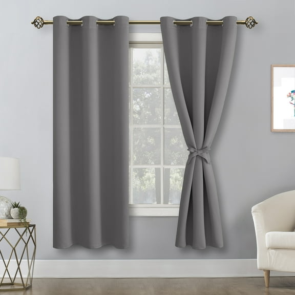Hiasan Blackout Curtains for Bedroom, 42 x 63 Inches Length - Thermal Insulated & Light Blocking Window Curtains for Living Room, 2 Drape Panels Sewn with Tiebacks, Light Grey