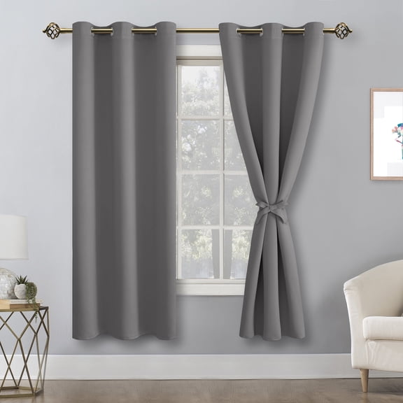 Hiasan Blackout Curtains for Bedroom, 52 x 63 Inches Length - Thermal Insulated & Light Blocking Window Curtains for Living Room, 2 Drape Panels Sewn with Tiebacks, Light Grey