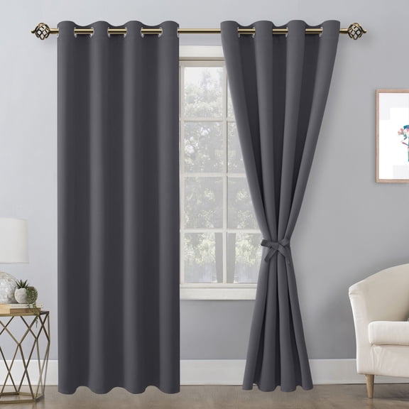 Hiasan Blackout Curtains for Bedroom, 52 x 84 Inches Long - Thermal Insulated & Light Blocking Window Curtains for Living Room, 2 Drape Panels Sewn with Tiebacks, Dark Grey