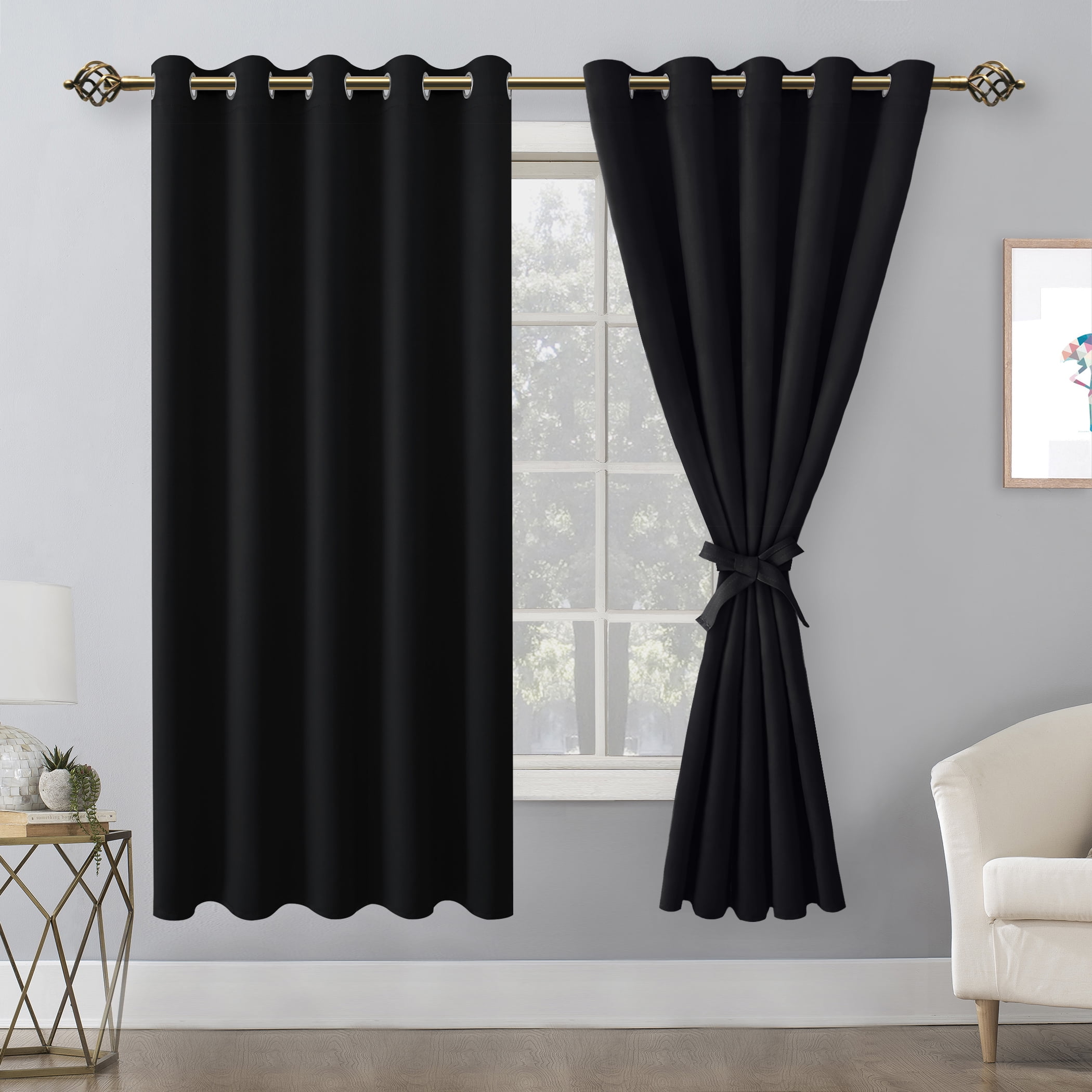 Hiasan Blackout Curtains for Bedroom, 60 x 63 Inches Length - Thermal Insulated & Noise reducing Window Curtains for Living Room, 2 Drape Panels Sewn with Tiebacks, Black - Walmart.com